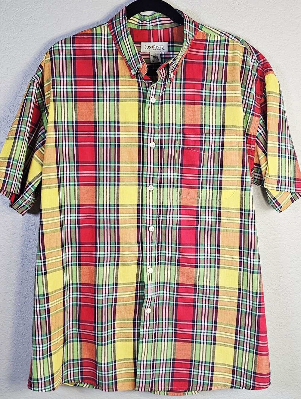 Sun River Clothing Co. Red Yellow Plaid Button Front Shirt Men's Large 100% Cot.